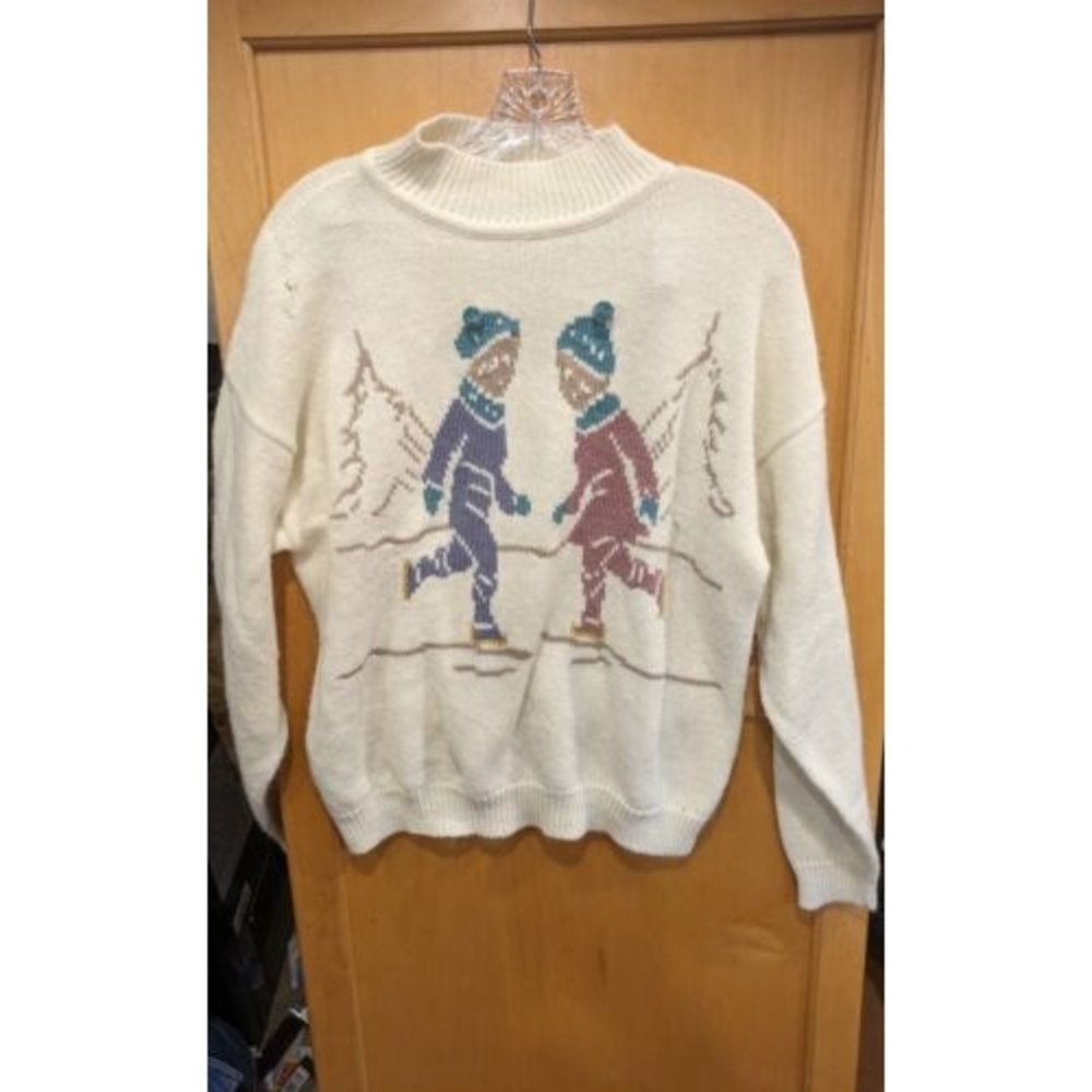 VTG Russ Studio Sweater Womens Large Ivory Knit‎ Ice Skating Grandma Distressed